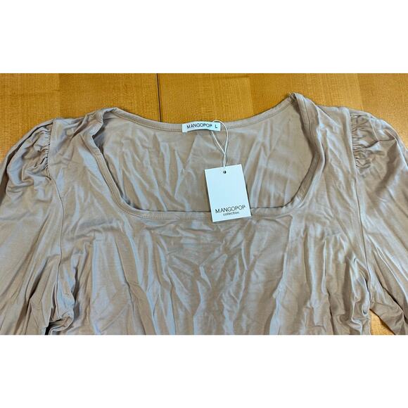 MANGOPOP NWT Beige Nude Square Neck Puff Lantern Long Sleeve Bodysuit Sz L - Picture 3 of 10